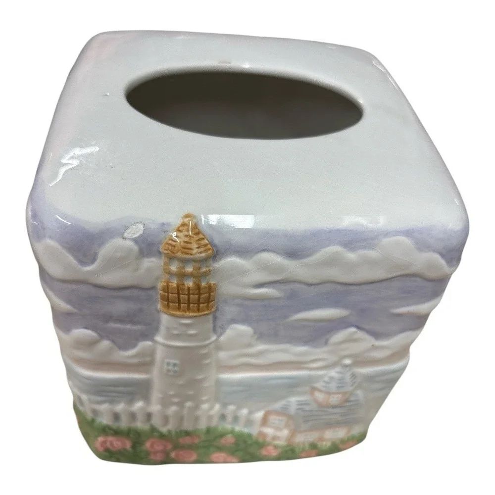 Vintage 1980s Handpainted Ceramic Tissue Box Cover Lighthouse Nautical Cottage